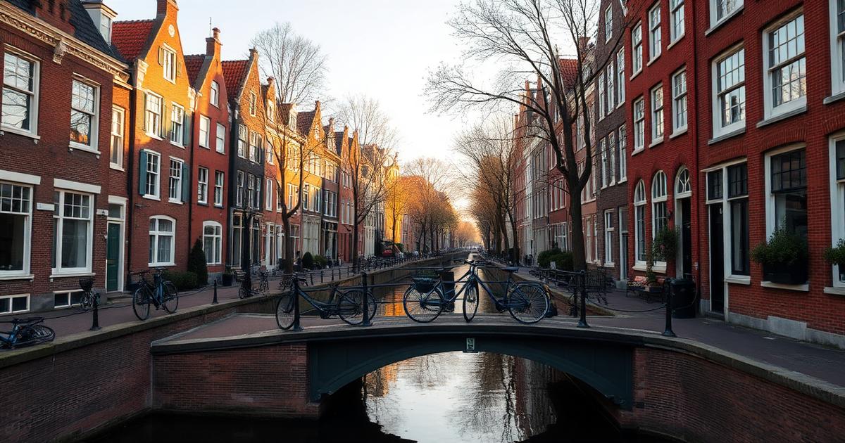 Canal d'Amsterdam bordé de maisons à pignons et vélos sur un pont