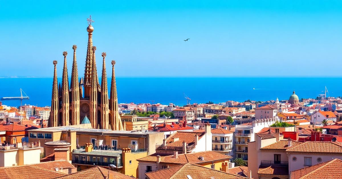 Sagrada Familia et toits de Barcelone face à la mer Méditerranée