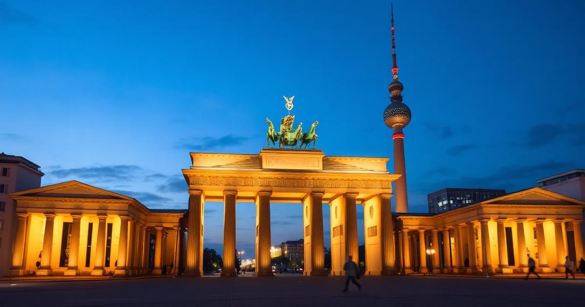 Porte de Brandebourg illuminée et tour de télévision de Berlin au crépuscule