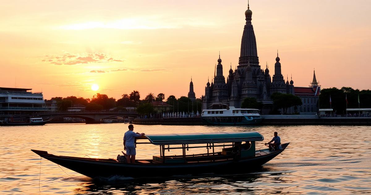 Temple Wat Arun de Bangkok au coucher du soleil sur le fleuve Chao Phraya