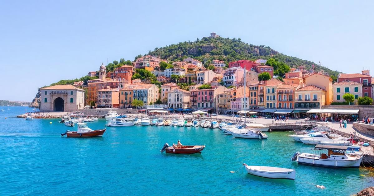 Ambiance de voyage évoquant Corfou : port méditerranéen aux eaux turquoise et aux toits de tuiles