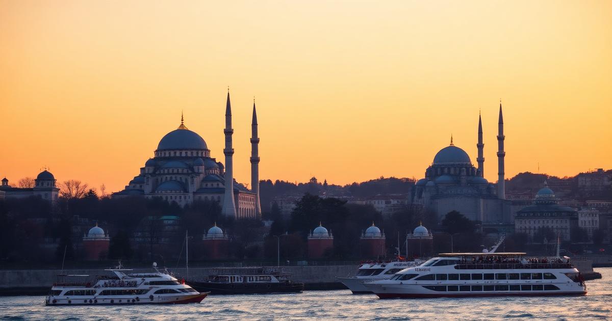 Mosquées et bateaux sur le Bosphore à Istanbul au crépuscule