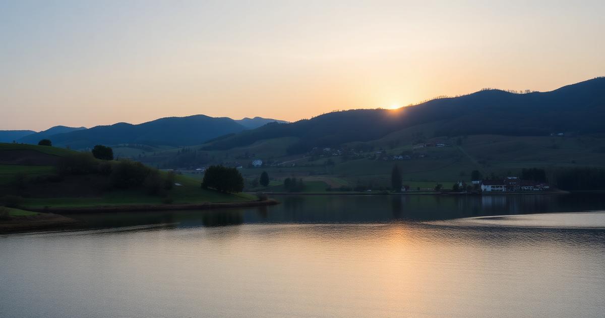 Ambiance de voyage évoquant Cracovie : lac au lever du soleil au milieu de collines