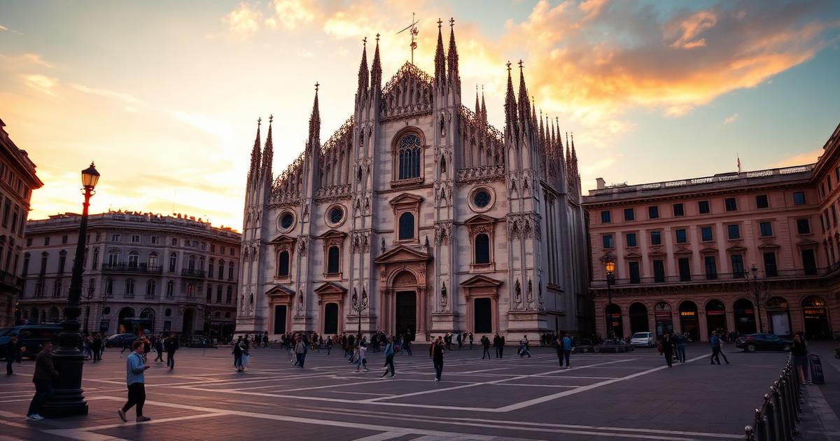 Façade de marbre du Duomo de Milan et sa piazza au coucher du soleil
