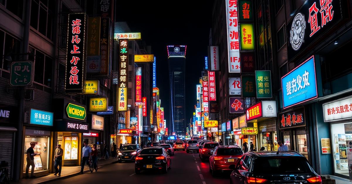 Ambiance de voyage évoquant Annaba : avenue animée d'une grande ville asiatique illuminée de néons