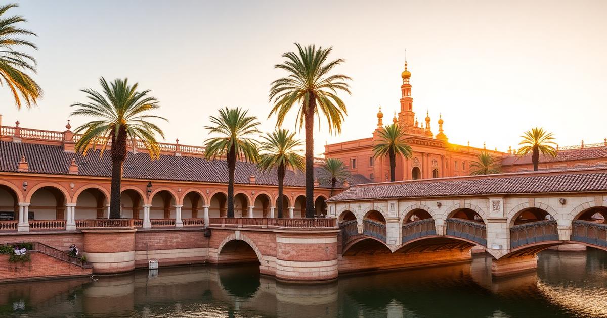 Arcades et ponts de céramique de la Plaza de España à Séville au soleil du soir